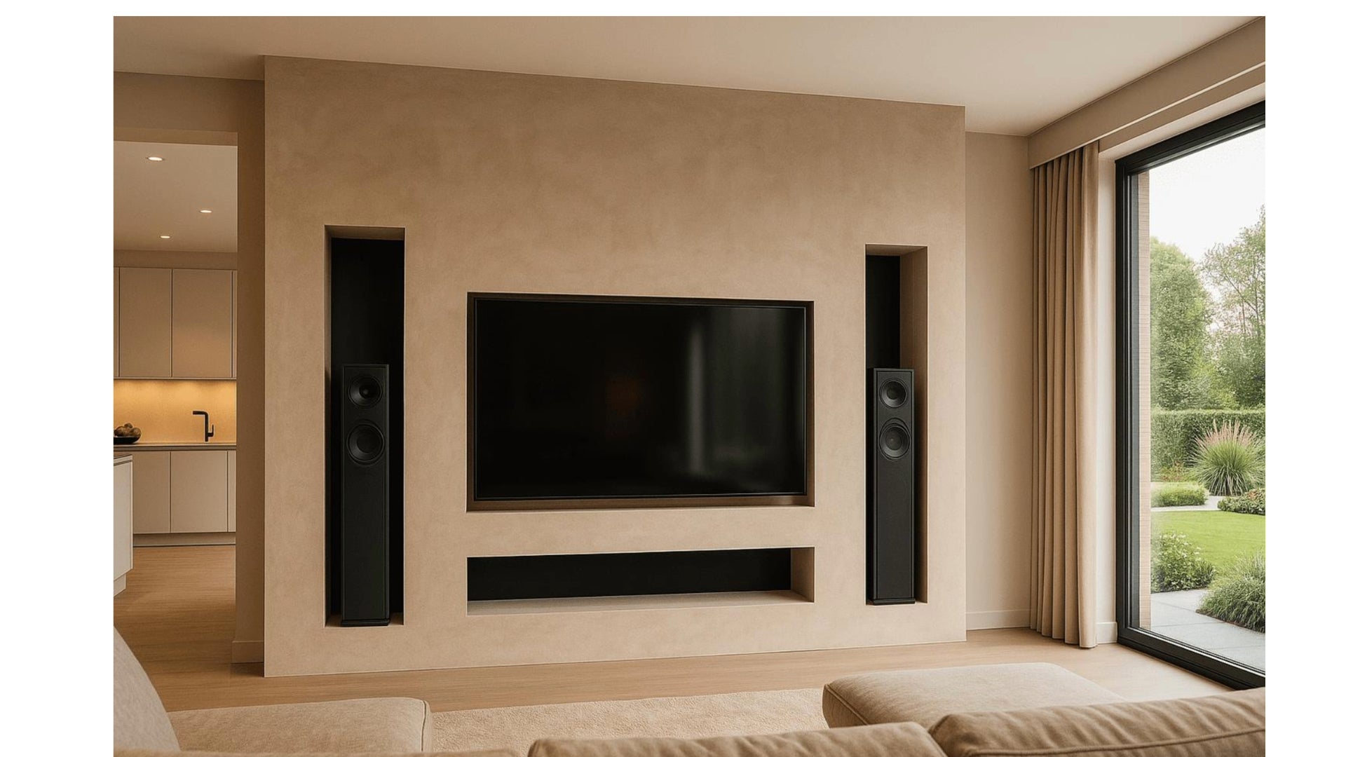 Moderne Heimkino-Wandinstallation mit Fernseher und Lautsprechern an stilvoll montierter Wand