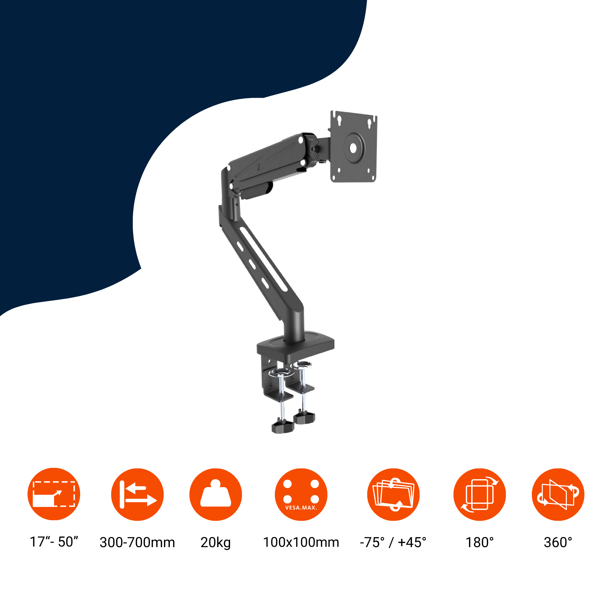 A-PEQ 1401 Monitorarm | 3-20 kg, 300-700 mm Auszug