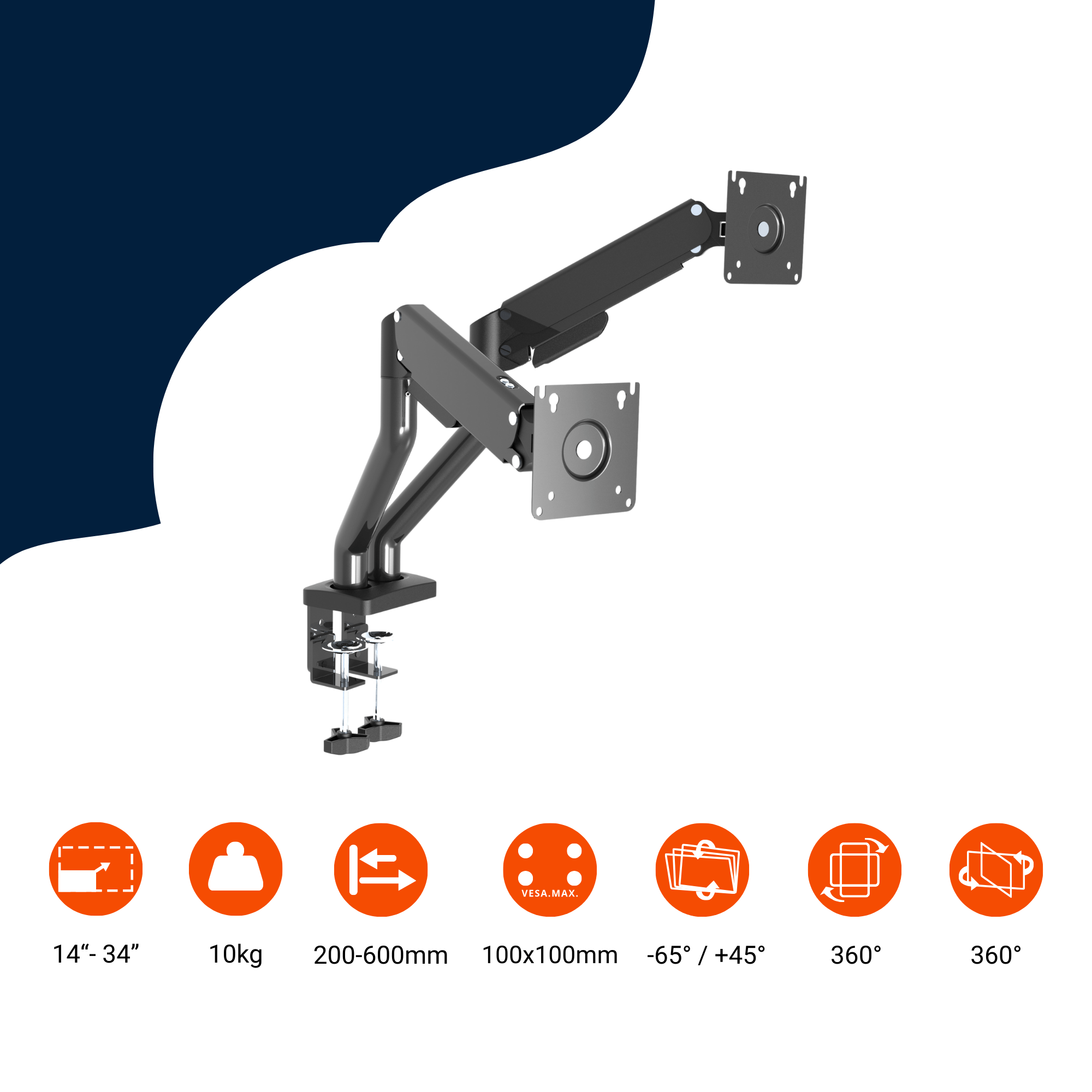 A-PEQ 922 Dual Monitorarm | Gasfeder, 2-10 kg, 2 Bildschirme