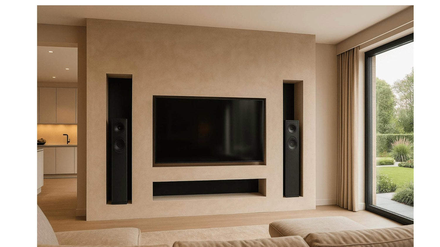 Moderne Heimkino-Wandinstallation mit Fernseher und Lautsprechern an stilvoll montierter Wand