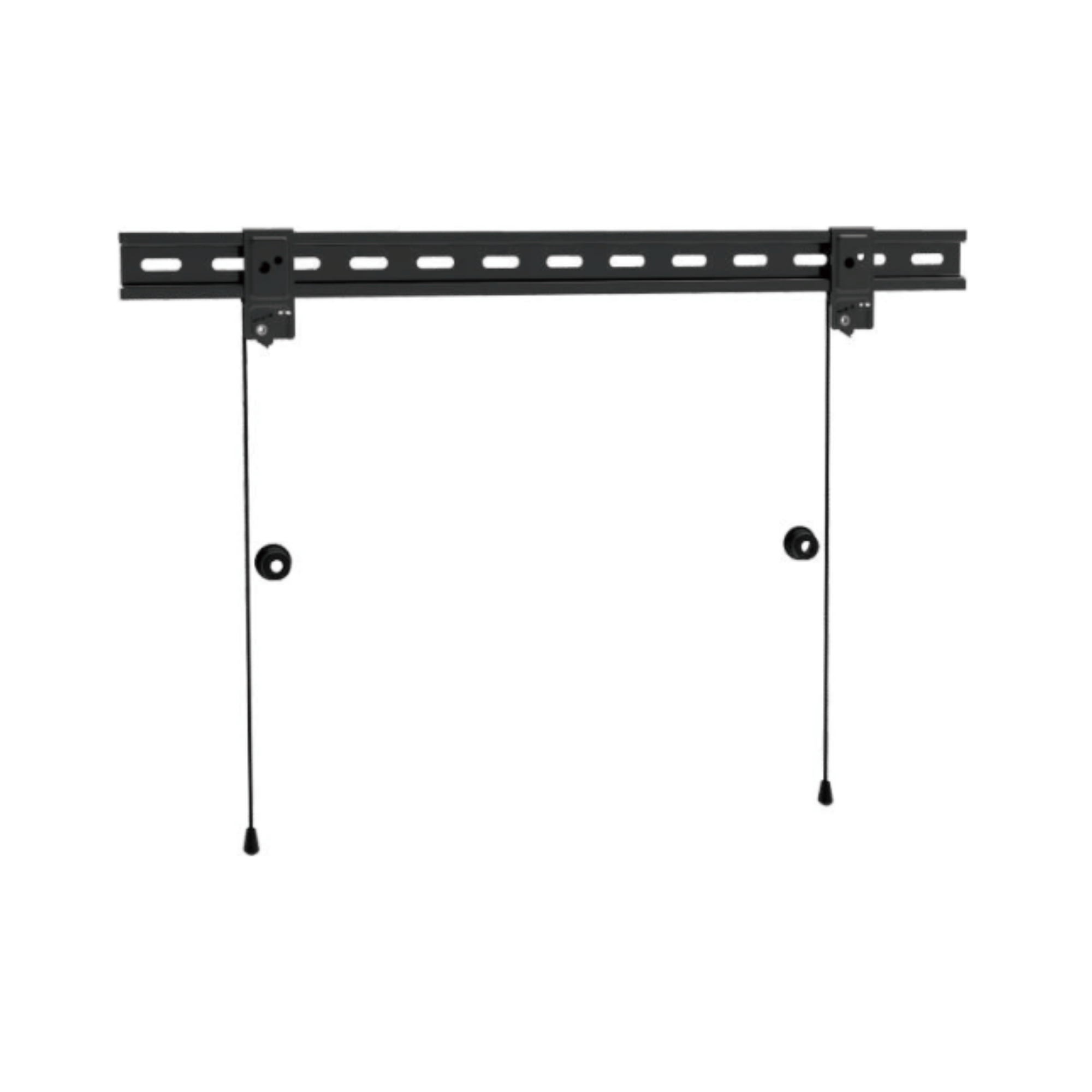 Schwarze TV-Wandhalterung mit Schnellverschlusskabeln für einfache Montage und Demontage